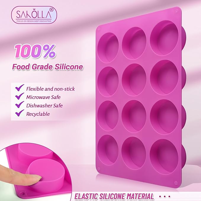 Sakolla 3 Pcs Round Chocolate Cookie Molds, 12-Cavity Cylinder Silicone Molds, Perfect for Chocolate Covered Cookie, Cake, Candy, Pudding, Mini Soap (2 Rose Red & 1 Blue)