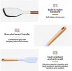 Wooden Handle Silicone Rubber Spatula Set for Kitchen Baking, Cooking, and Mixing High Heat Resistant Non Stick Dishwasher Safe BPA-Free Black+blue Set of 2 (Wooden handle spatula-Two-color)