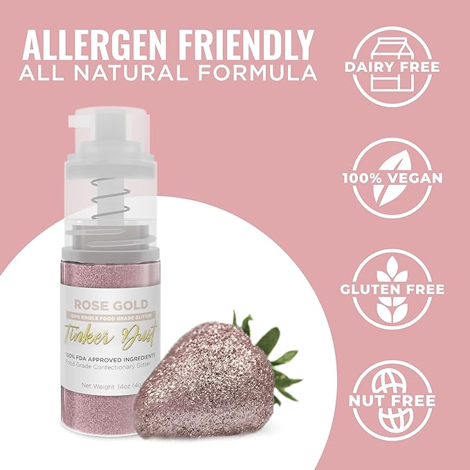 Bakell - Rose Gold Tinker Dust (4g, 1x Mini Spray Pump) Edible Glitter for Food, Desserts, and Beverages!