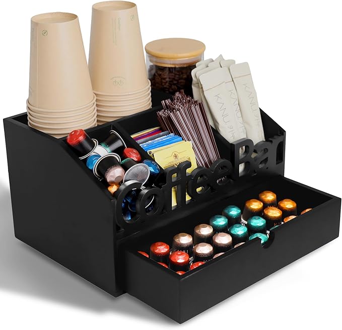 Coffee Bar Organizer for Countertop – Wooden Coffee Station with Black Drawer, Tea and K Cup Storage Rack, Coffee Pod Holder for Home and Office Counter Organization