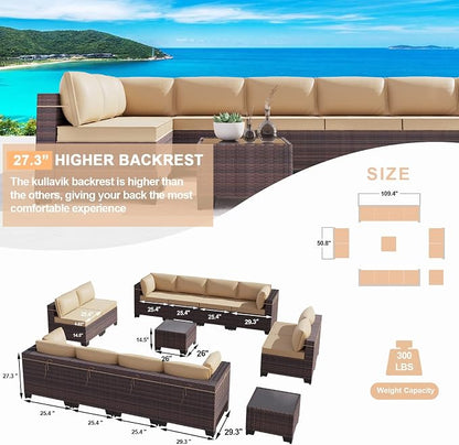 Kullavik 14 Pieces Outdoor Patio Furniture Set, Sectional Rattan Sofa Set Brown - Image 3