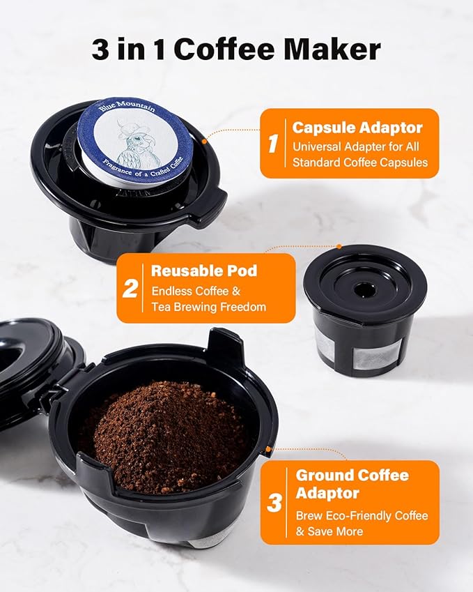 SHARDOR 3 in 1 Coffee Maker, K Cup Coffee Maker Compatible with Ground Coffee & Teas, Single Serve Coffee Machine, 6–14oz Brew Sizes, 40oz Detachable Water Reservoir, Descale Settings, Black