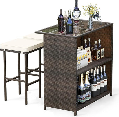 Tangkula Patio Bar Set, 3 Piece Outdoor Rattan Wicker Bar Set by TANGKULA