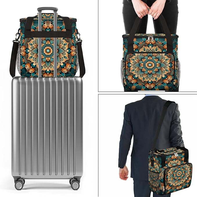 Ethnic Mandala Floral Flowers Coffee Maker Carrying Bag, Coffee Machine Travel Storage Bag Compatible with K-Mini or K-Mini Plus, Portable Single Serve Coffee Brewer Case with Pockets for K-Cup Pods