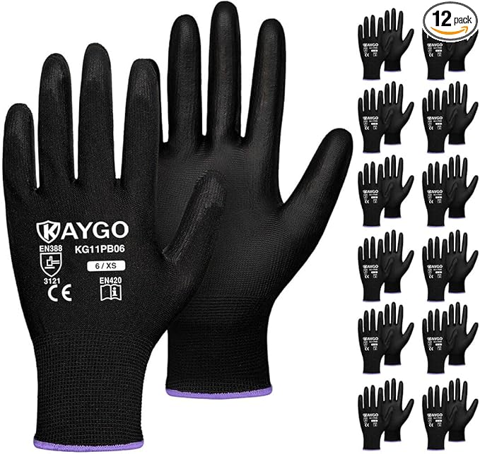 KAYGO Safety Work Gloves PU Coated,12 Pairs KG11PB Seamless Knit Glove for Men and Women, with Smooth Grip on Palm and Fingers, Ideal for General Duty Work (X-Small, Black)