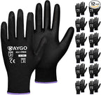 KAYGO Safety Work Gloves PU Coated,12 Pairs KG11PB Seamless Knit Glove for Men and Women, with Smooth Grip on Palm and Fingers, Ideal for General Duty Work (X-Small, Black)
