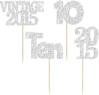 Gyufise 24Pcs 10th Birthday Cupcake Toppers Glitter Ten Vintage 2015 Hello 10 Years Birthday 10 Cupcake Picks Double Digits Cake Decorations for Happy 10th Birthday Anniversary Party Supplies Silver