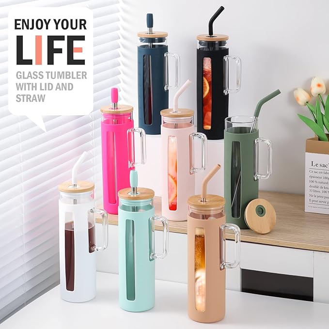 Kodrine Glass Tumbler with Lid and Straw, 24 oz, Iced Coffee Cup Boba Smoothie Cup, Home Office Tumblers, Pink