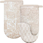 Thumb Oven Mitts, Heat and Slip Resistant Silicone Kitchen Mittens 2-Pack Set, Khaki Patchwork Flower Soft Long Oven Gloves, Flexible Thick Potholders for Safe Baking Cooking and Grill(Khaki)
