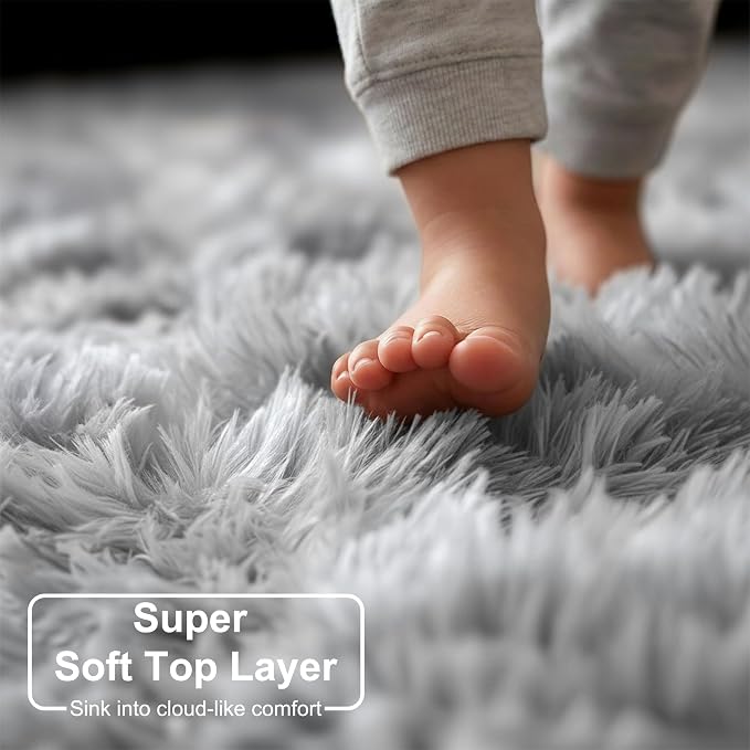 Amdrebio Tie-Dyed Light Grey Fluffy Area Round Rug 5Ft - Image 2