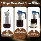 Cold Brew Coffee Maker Pitcher,32 Oz Glass Mason Jar Pitcher with V-shaped Pour Spout Handle Lid,Stainless Steel Filter for Iced Coffee,Iced tea,Breast Milk,Fruit Drinks,lemonade-Blue