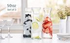 Glass Carafe Pitchers, by Kook, Large Carafe - set of 3, Beverage Dispensers, Clear Jugs For Mimosas, Water, Wine, Milk and Juice, with Plastic Lids, 50 oz Dishwasher Safe