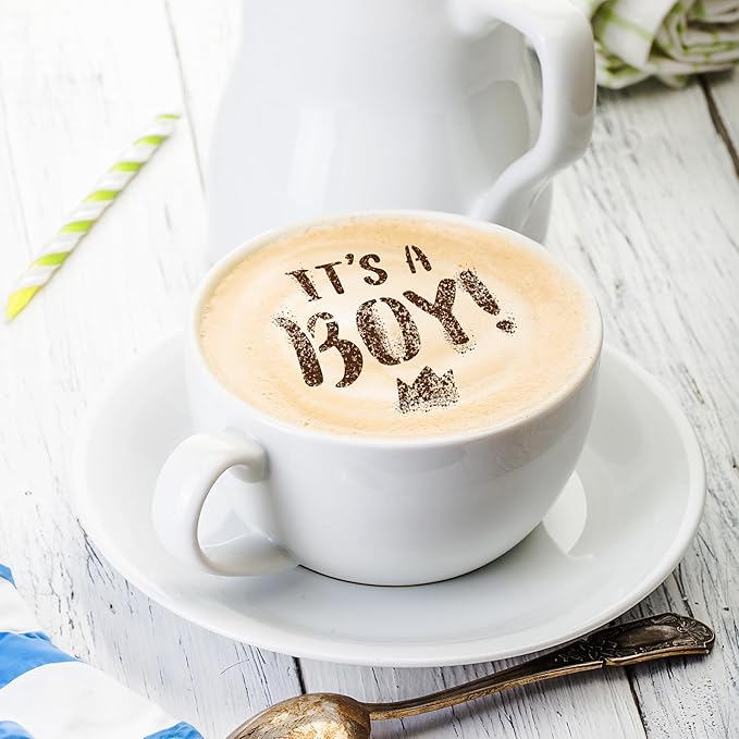 NAKLEO Coffee Stencils and Cookies Decoration 14Pcs 2.8”x2.8” and 4.3”x4.3”, Reusable Plastic Baking Templates, Baby Shower Newborn, Barista DIY Art Craft, Capuccino Latte Chocolate Cake Biscuit