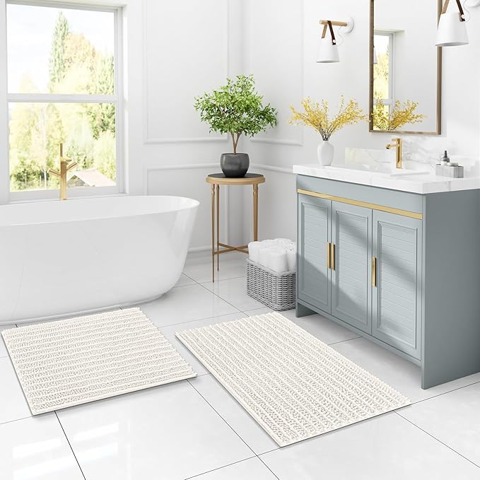Arotive Luxury Chenille Bathroom Rug Mat, Extra Soft Thick Absorbent Shaggy Bath Rugs, Non-Slip Machine Wash Dry, Plush Bath Mats for Bathroom, Shower and Tub, 40x32, Ivory