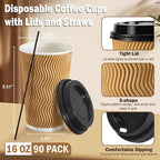 80 Pack 16 OZ Disposable Coffee Cups with Lids and Straws, Insulated Paper Coffee Cups with Lids, Corrugated Ripple Wall To Go Cups for Hot Drink, Coffee, Hot Chocolate, Water, Juice - Champagne