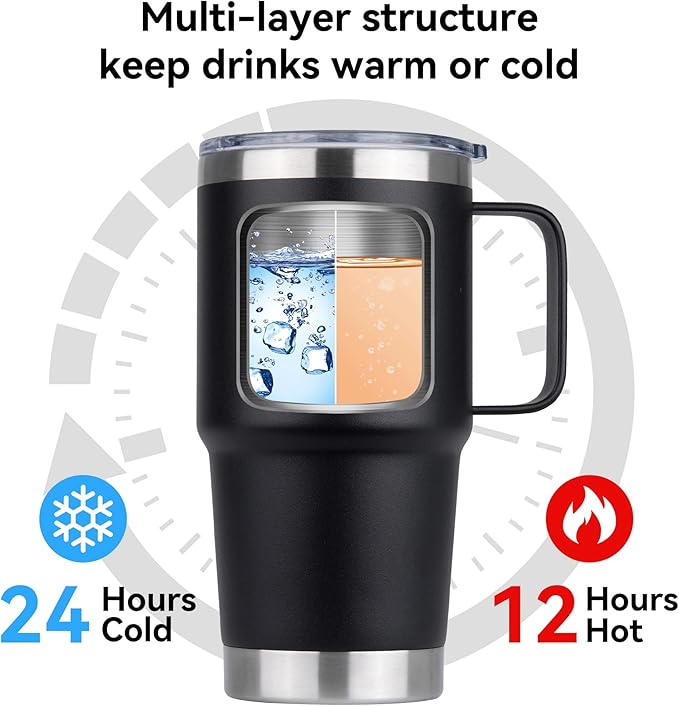 HASLE OUTFITTERS 20oz Tumbler Bulk with Lid, Stainless Steel Tumbler Bulk with Handle, Metal Insulated Travel Coffee Mug Set with Handle, Double Wall Vacuum Leak Proof Tumbler Cup, Black 12 Pack