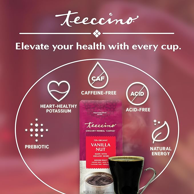 Teeccino Vanilla Nut Chicory Coffee Alternative - 11 Ounce - Ground Herbal Coffee That’s Prebiotic, Caffeine Free & Acid Free, Medium Roast, (Pack of 3)
