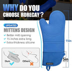 Rorecay Extra Long Oven Mitts and Pot Holders Sets: Heat Resistant Silicone Oven Mittens with Mini Oven Gloves Hot Pads Potholders for Kitchen Baking Cooking, Quilted Liner, Pack of 6 (Lake Blue)