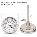 MEASUREMAN Fully Stainless Steel Pot, Kettle, Brewing Bimetal Thermometer, 3" Dial, 4" Stem, 0-250 deg F/-20-120 deg C, -1% Accuracy, Adjustable, 1/2" NPT Back Mount