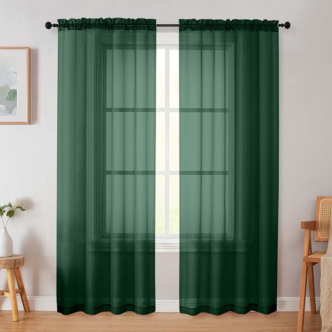 Hunter Green Sheer Curtain for Bedroom Living Room 72 Inches Long 2 Panels Set by WelvetBLK