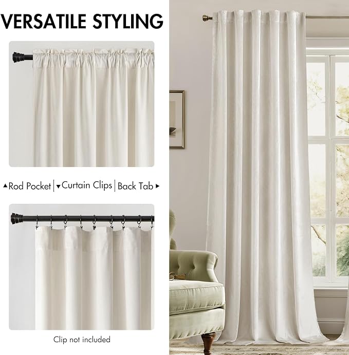 MIULEE Velvet Curtains 52x90 inches 2 Panels Ivory Room Darkening Curtains | - Image 2