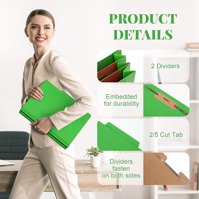 24 Pcs Classification Folders Letter Size Bulk - 2 Dividers Pressboard File Folder with 3. 5 Inch Expansion, 2 Prongs Fastener, Heavy Duty Office File Organizer for Teacher Medical (Green)