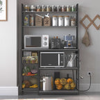Kitchen Bakers Rack with Baskets and Power Outlet,5-Tier Kitchen Utility Storage Shelf with Hooks, Microwave Oven Stand Rack,Vintage Grey Free Standing Kitchen Shelf