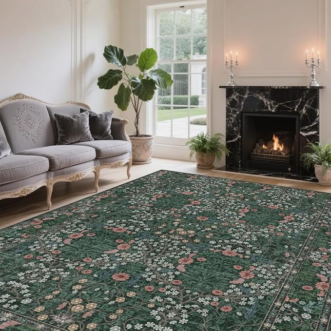 Vintage Green Living Room Rug, 5x7 Washable Area Rugs - Image 3