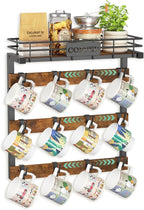 EsLuker.ly Coffee Mug Holder Wall Mounted Display Rack, Black Metal Cup Hanger Organizer with 12 Movable Plastic Hooks, Wood Rustic Shelf for Coffee Bar Home Kitchen, Thoughtful Wall Storage