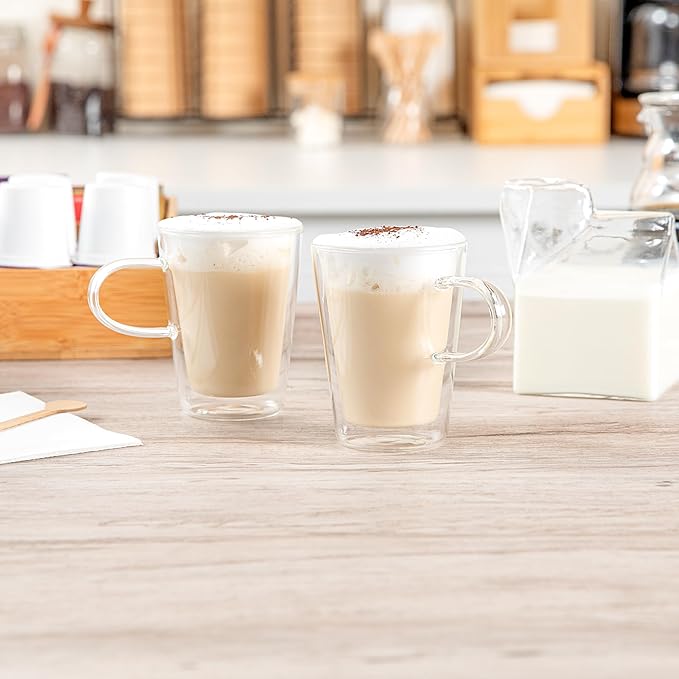 Restaurantware-Forma Professional 5.1 oz Double Wall Glass Mugs, 2 Insulated Coffee Mugs With Handle - Dishwashable, Reusable, Clear Glass Beverage Cups, Freezable, For Hot Or Cold Beverages