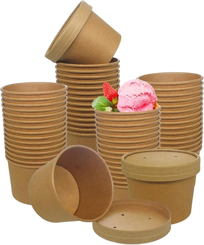 Paper Ice Cream Cups with Paper Lids, Hot/Cold Soup Cups with Lids (Kraft) (50, 12 oz)