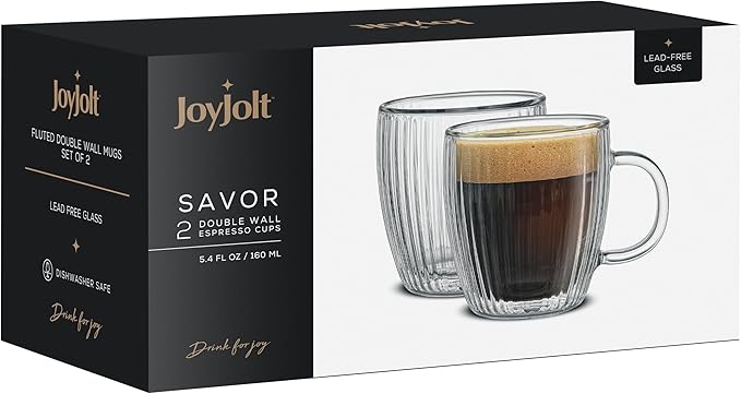 JoyJolt Fluted Glass Espresso Cups, 5.4oz Espresso Cup - Set of 2 Espresso Mugs