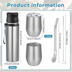 Dandat 2 Pieces Yerba Mate Cup and Vacuum Bottle Kit 12 oz Yerba Mate Gourd Cup and Bombilla Set for Travel, Turn The Cup Upside Down to Pour out All The Water(Steel Color)