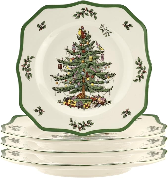 Spode Christmas Tree Scalloped Dinner Plate (Set of 4) - Holiday Stoneware Large Plates - 10.5 Inch Christmas Dinner Dishes, Colorful Gifts & Mistletoe Accents - Dishwasher & Microwave Safe
