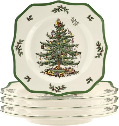 Spode Christmas Tree Scalloped Dinner Plate (Set of 4) - Holiday Stoneware Large Plates - 10.5 Inch Christmas Dinner Dishes, Colorful Gifts & Mistletoe Accents - Dishwasher & Microwave Safe