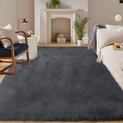 Latepis Dark Grey Faux Fur 7'10"x9'10" Area Rug, Soft Plush Faux Fur Sheepskin by Latepis
