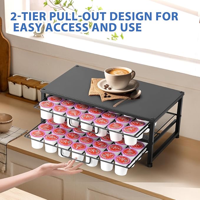 K Cup Holder Organizer for 70 Pods, 2-Tier Coffee Pod Holder for K-Cup with 2 Sliding Storage Drawers, Coffee Station Bar Organizer for Kitchen Countertop, Home & Office, Frosted Black