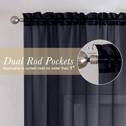 Black Sheer Curtains 108 Inches Long 2 Panels Set, Extra Wide Airy Voile Sheer - Image 4