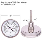MEASUREMAN Fully Stainless Steel Pot, Kettle, Brewing Bimetal Thermometer, 3" Dial, 2-1/2" Stem, 0-250 deg F/-20-120 deg C, -1% Accuracy, Adjustable, 1/2" NPT Back Mount