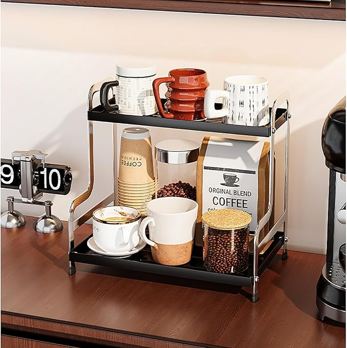 KISKIS Coffee Mug Cup Holder Space Saving 2-Tier Sturdy Stable Metal Storage Shelf, Prevent Falling Scratch Resistant Kitchen Rack Office Bathroom Desktop Organizer,Black+sliver