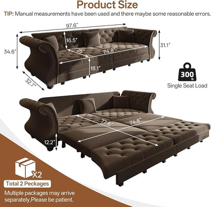 97.6" Oversized Pull Out Sofa Bed, Chesterfield Velvet Sleeper Sofa Couch - Image 2