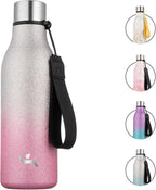 Insulated Water Bottle with Strap,18 oz Double Wall Stainless Steel Vacuum Bottles Metal Water Flask,Sparkling Silver Pink