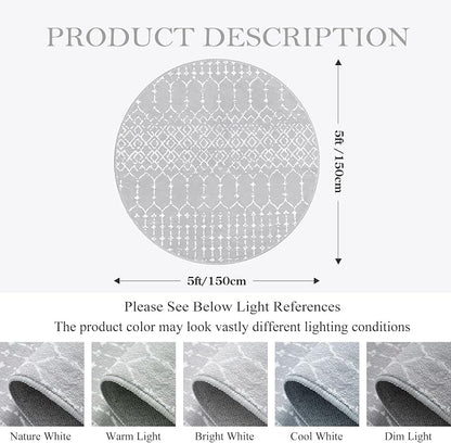 Lahome Moroccan 5Ft Round Rug Machine Washable Round Bedroom Carpet Grey - Image 2
