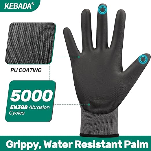 Kebada W1 Work Gloves for Men and Women, PU Coated Safety Gloves with Grip, Touchscreen, Ideal for Warehouse Package Handling, Construction, Gardening, 12 Pairs Gray Large