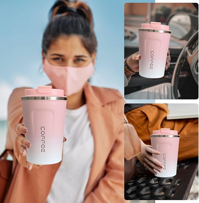 YINBAOGE Insulated Travel Coffee Mug Spill Proof Leak Proof Pobtable To Go Camping Stainless Steel Coffee Tumbler Reusable Coffee Cups with Lids Thermos for Hot and Cold Drink (2nd-Pink White, 17 OZ)