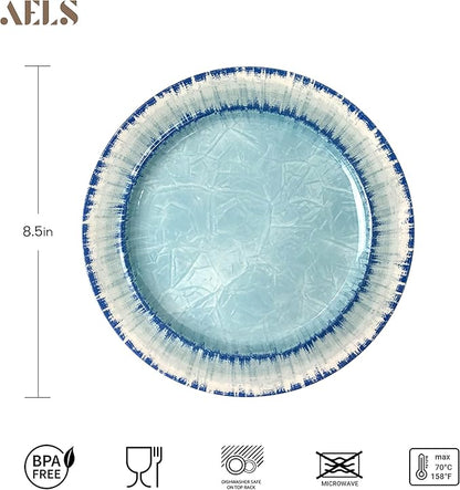 AELS Melamine Dessert Plates Set of 6, 8.5 inch Small Dinner Plates for Indoor and Outdoor Use, Dishwasher Safe, Lightweight Unbreakable, BPA Free, Light Blue