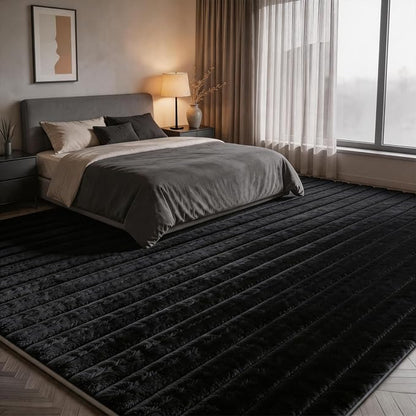Black Rabbit Striped Plush Rug 6'x9', Fluffy Shaggy Area Rug - Image 3
