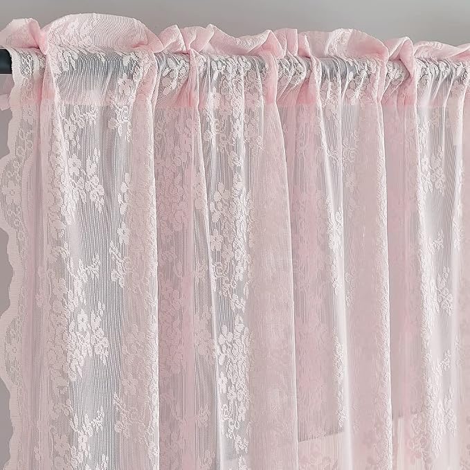 YJ YANJUN Vintage Lace Curtains Short Pink Floral Curtains 54 inch Length 2 - Image 3