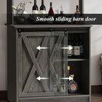4ever2buy Farmhouse Coffee Bar Cabinet with 6 Hooks, 50'' Kitchen Buffet Hutch Cabinet with Sliding Barn Door, Small Coffee Bar Table with Hutch for Dining Living Room, Wash Gray