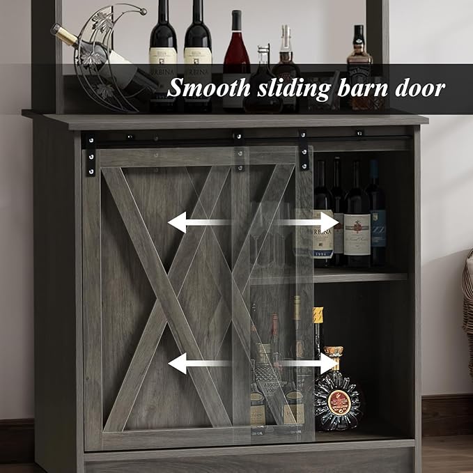 4ever2buy Farmhouse Coffee Bar Cabinet with 6 Hooks, 50'' Kitchen Buffet Hutch Cabinet with Sliding Barn Door, Small Coffee Bar Table with Hutch for Dining Living Room, Wash Gray